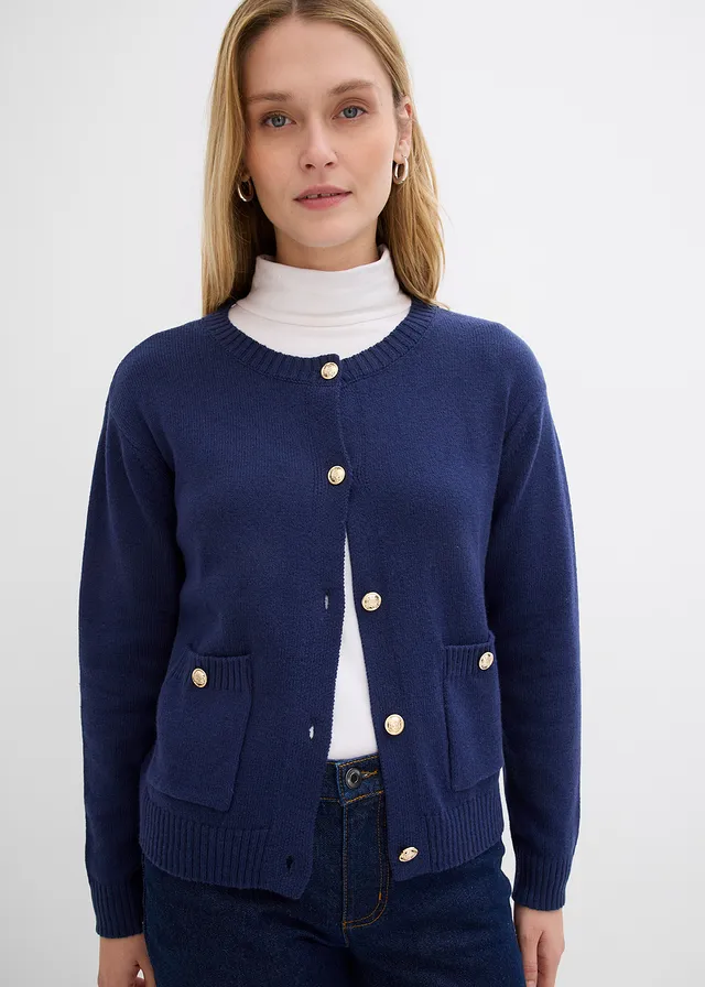 Gebreid vest met zakken, Kleur: donkerblauw