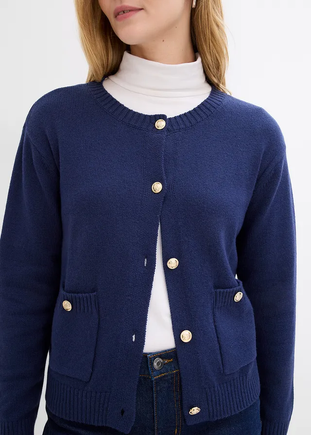 Gebreid vest met zakken, Kleur: donkerblauw