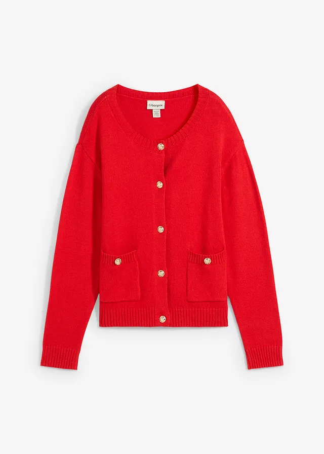 Gebreid vest met zakken, Kleur: aardbeirood