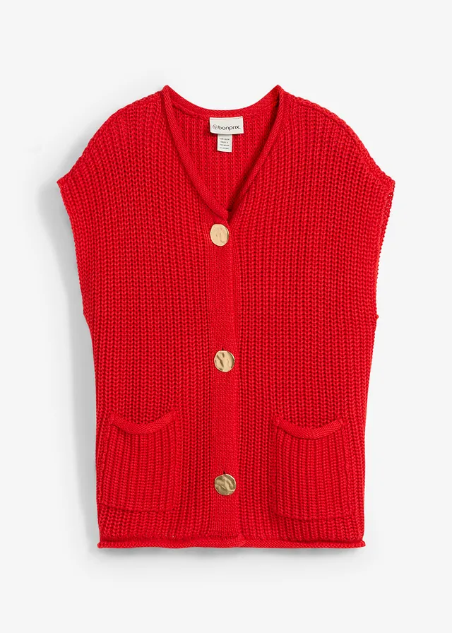 Gebreid vest met zakken, Kleur: aardbeirood