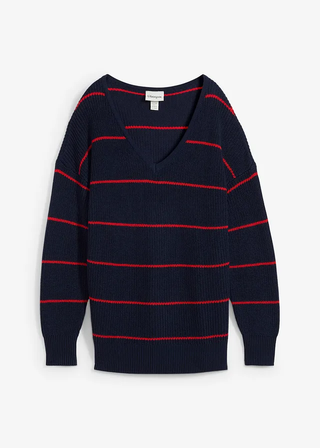 Pull oversize, Couleur: bleu foncé/fraise rayé