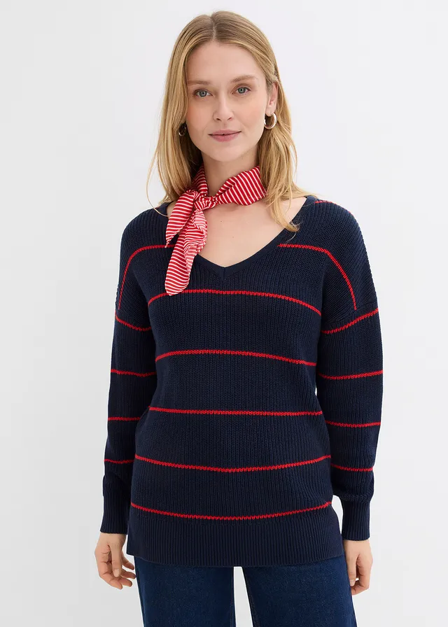 Pull oversize, Couleur: bleu foncé/fraise rayé