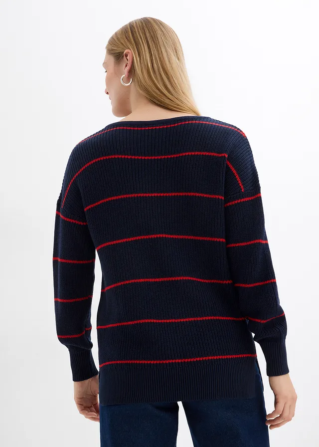 Pull oversize, Couleur: bleu foncé/fraise rayé