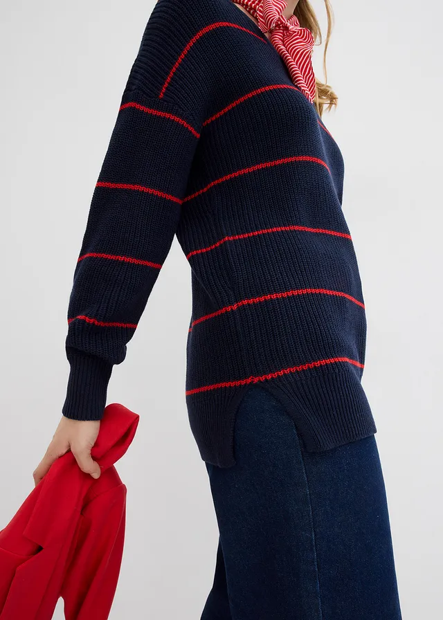 Oversized trui • donkerblauw-aardbeirood gestreept • product-page.page-title-suffix