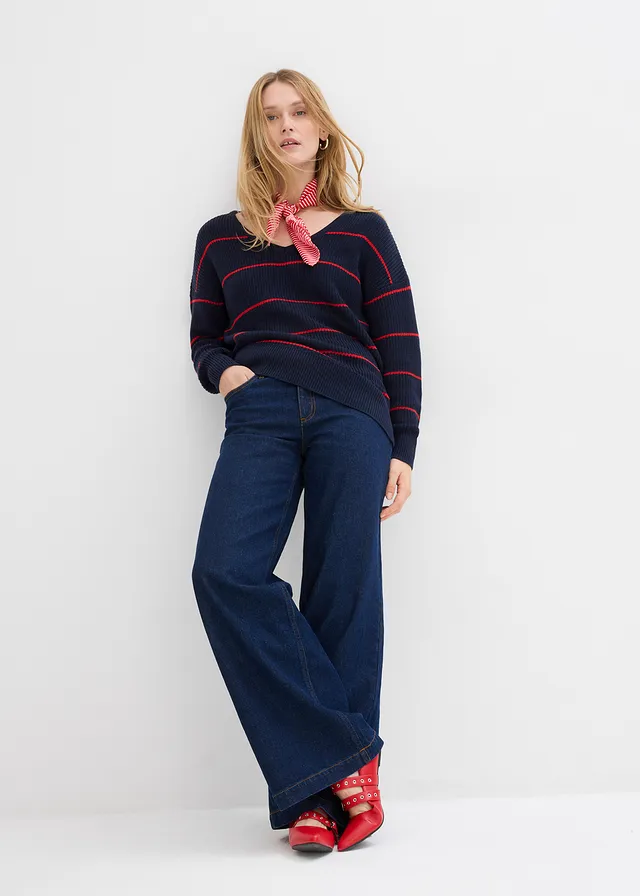 Oversized trui donkerblauw-aardbeirood gestreept