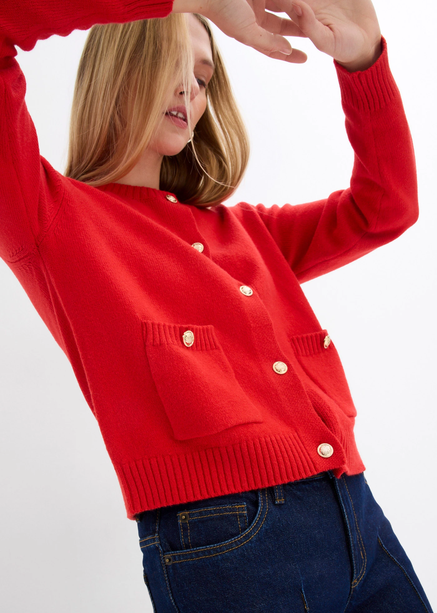 Gebreid vest in een katoenmix • aardbeirood • bonprix online shop