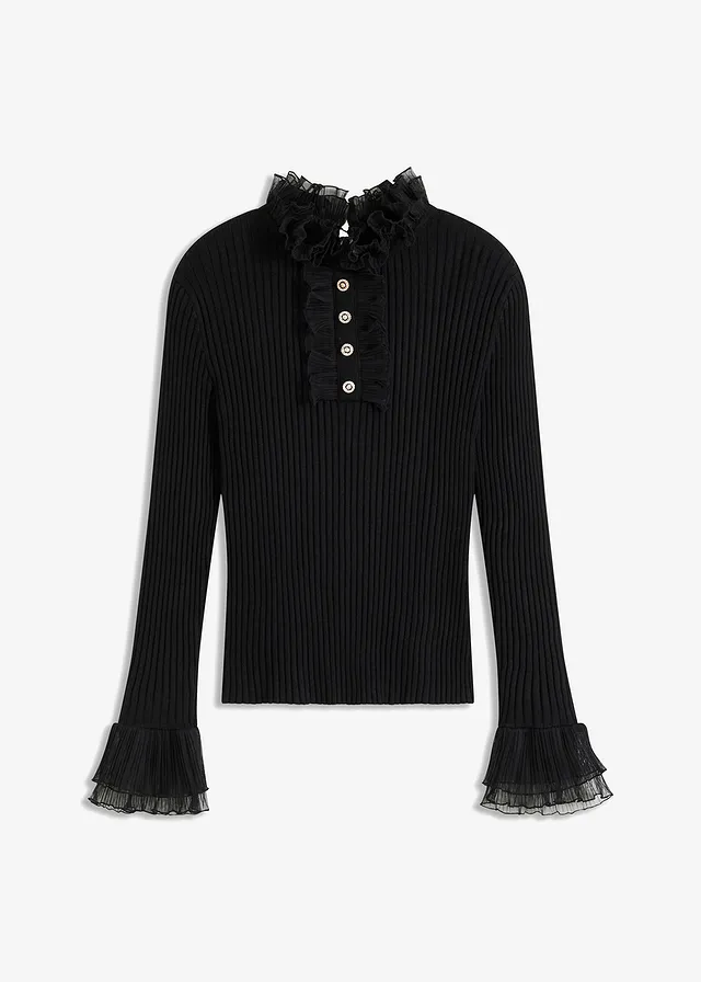 Bluză din tricotaj fin cu volane din șifon