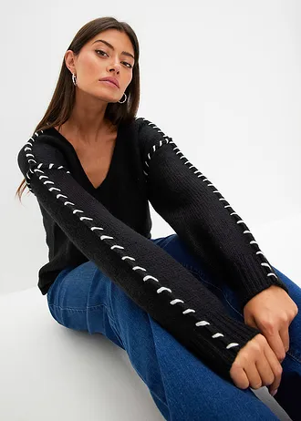 Zachte, grof gebreide trui met contrastnaden • zwart-crèmewit • bonprix online shop