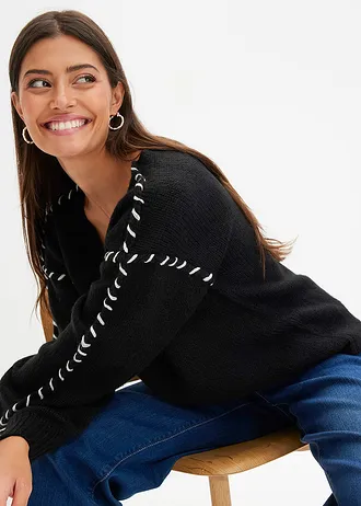 Zachte, grof gebreide trui met contrastnaden • zwart-crèmewit • bonprix online shop