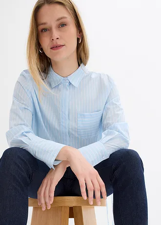 Chemisier oversize 100 % coton, Couleur: bleu glacé-blanc rayé