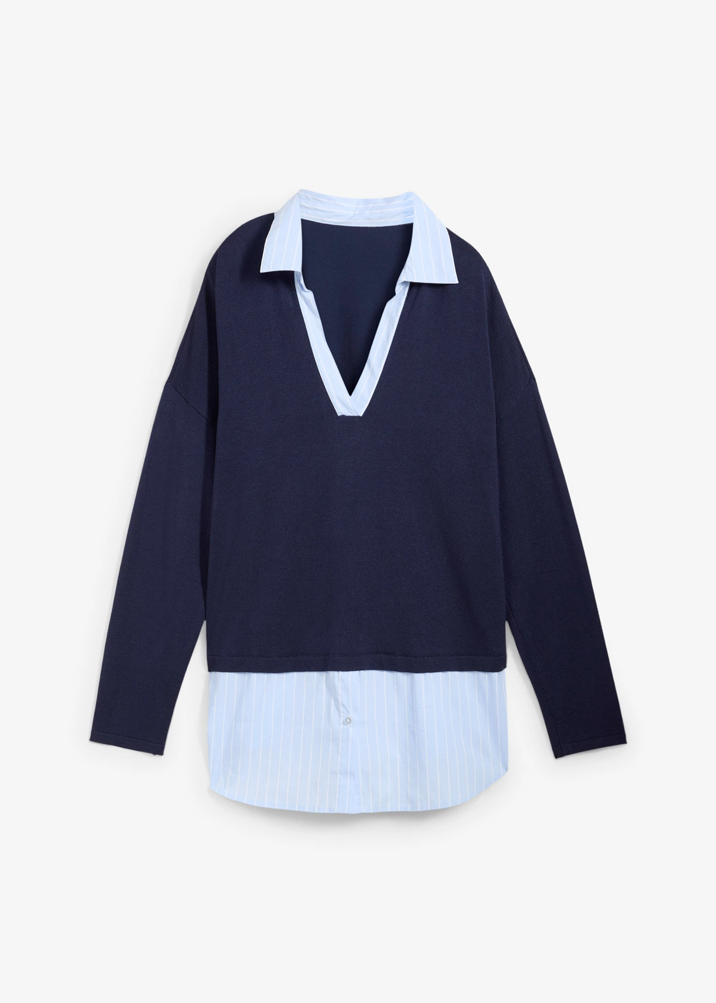 Svetr z jemné pleteniny, s halenkovou vsadkou • tmavě modrá • bonprix obchod