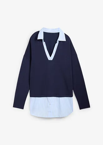 Fijn gebreide trui met blouse-inzet, Kleur: donkerblauw