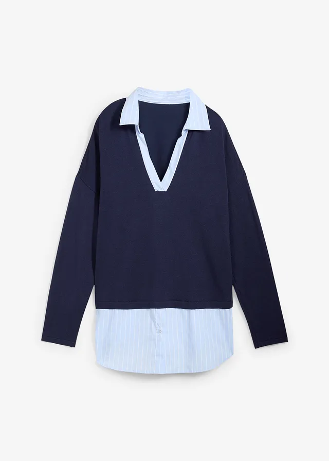 Pulover din tricotaj fin cu inserții tip cămașă