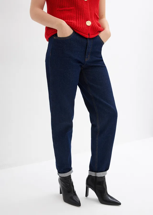 Mom jeans high waist, cropped, Kleur: diepblauw denim ongewassen
