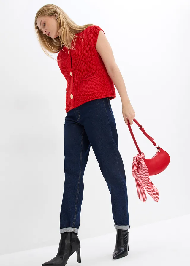 Jean mom taille haute, cropped, Couleur: bleu foncé denim brut