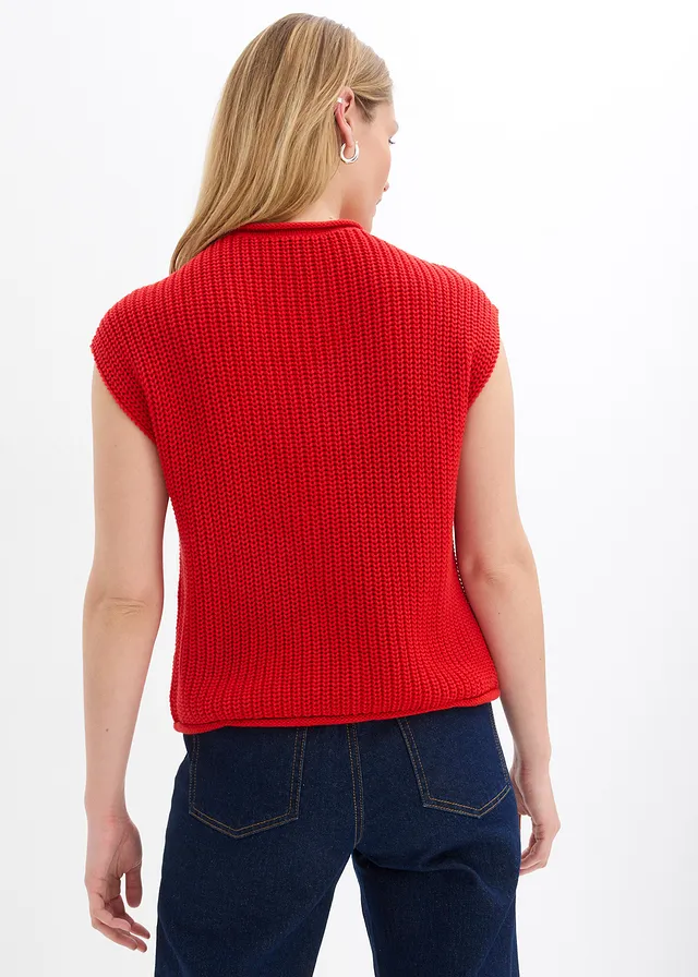Gebreid vest met zakken, Kleur: aardbeirood