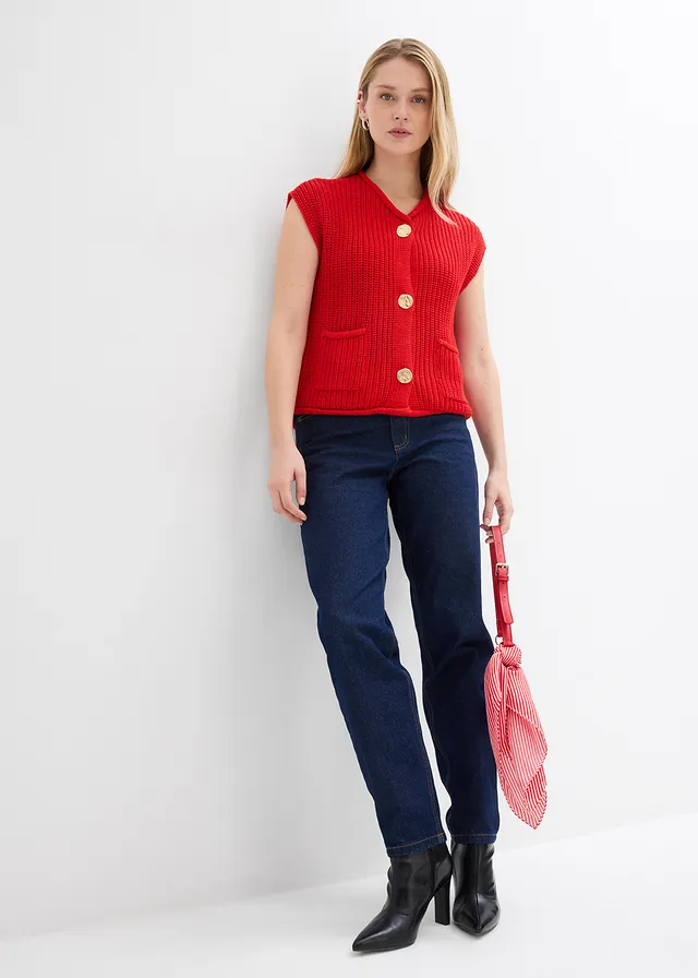 Gebreid vest met zakken aardbeirood