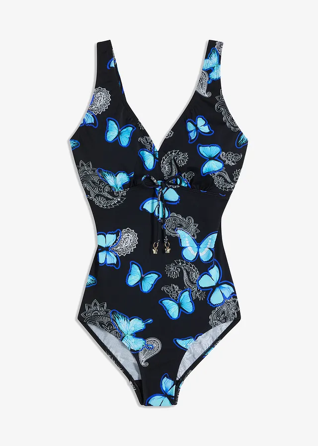 Maillot 1 pièce à encolure V, Couleur: noir imprimé