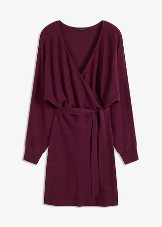 Gebreide jurk met V-hals, Kleur: aubergine