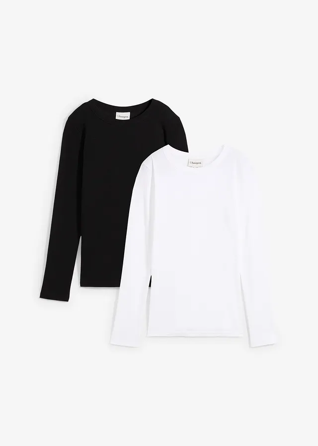 Geribd shirt met biologisch katoen (set van 2), Kleur: zwart/wit