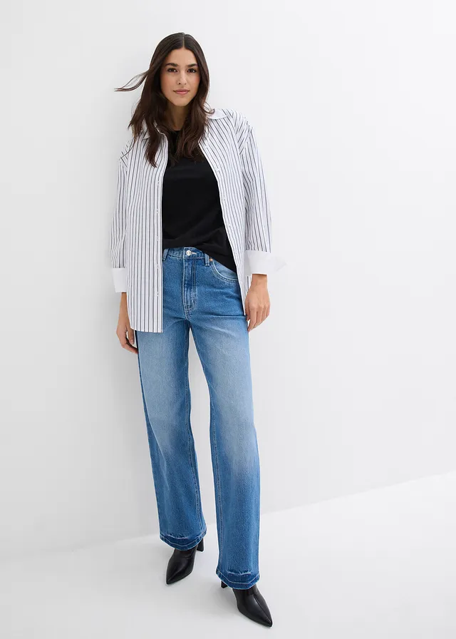 Wide leg jeans, high waist, Kleur: lichtblauw denim used
