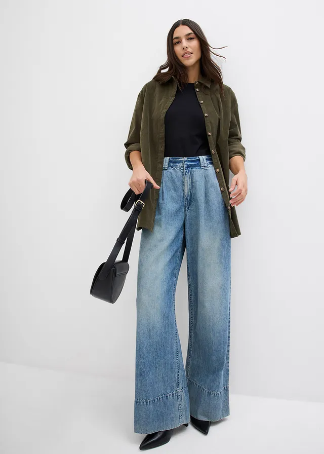 Jean large taille haute, Couleur: bleu clair denim used