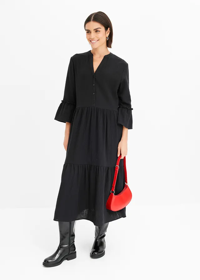 Rochie midi din muselină moale, culoare: negru