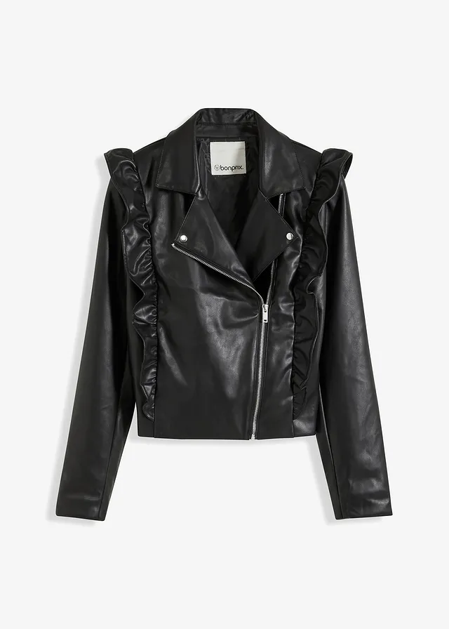 Imitatieleren jas met volants • zwart • bonprix online shop