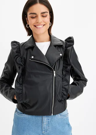 Imitatieleren jas met volants • zwart • bonprix online shop