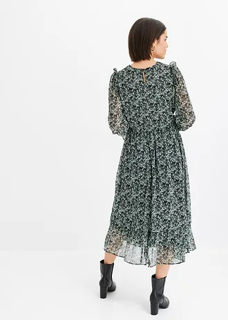 Midi jurk, Kleur: zwart-mint bloemenprint