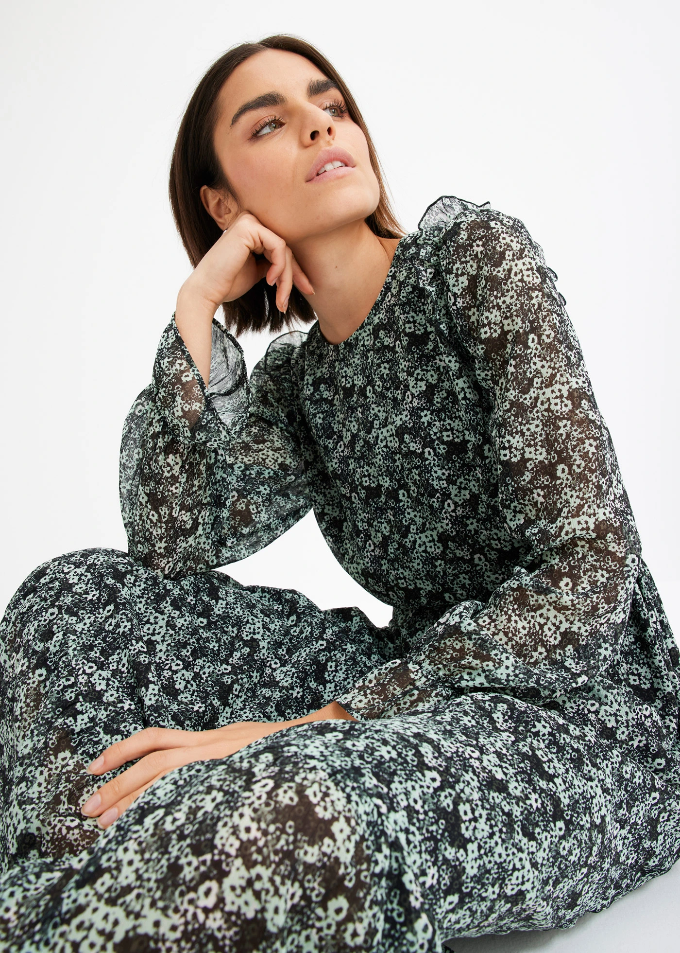 Midi jurk • zwart-mint gebloemd • bonprix online shop