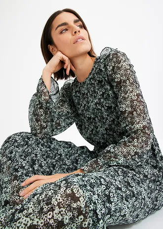 Midi jurk • zwart-mint gebloemd • bonprix online shop
