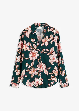 Soepelvallende, gedessineerde blouse, Kleur: donkergroen gebloemd