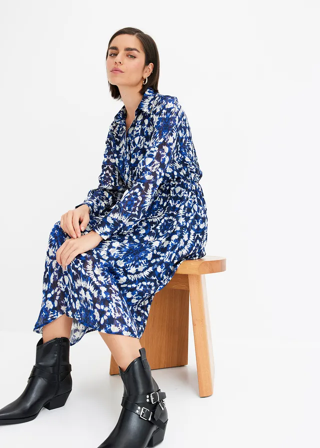 Gedessineerde midi jurk blauw-zwart-wit gedessineerd