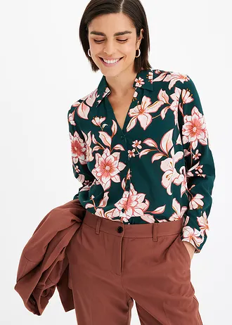Soepelvallende, gedessineerde blouse • donkergroen gebloemd • bonprix online shop
