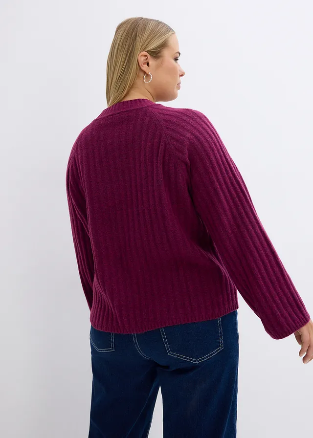 Pull raccourci en maille côtelée, Couleur: prune