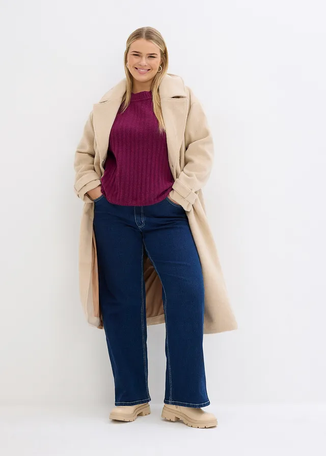 Pull raccourci en maille côtelée, Couleur: prune