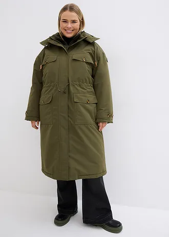 Lange winterjas in layerlook, Kleur: donkerolijfgroen