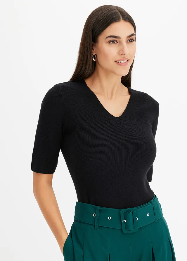 Pull manches courtes côtelé, Couleur: noir