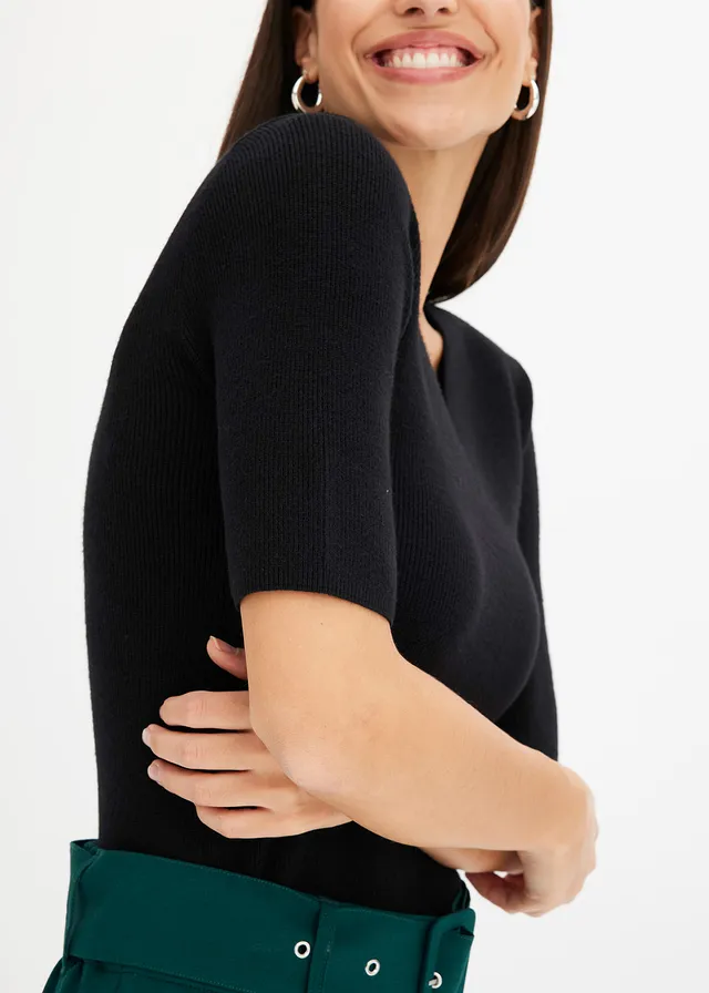 Sweter w prążki, z krótkim rękawem, z wiskozą • czarny • sklep bonprix