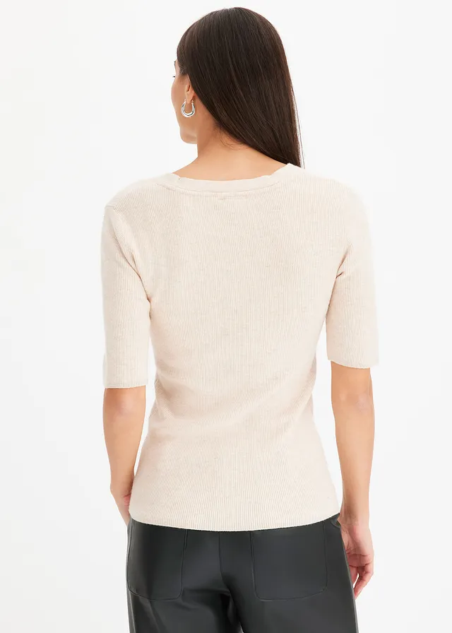 Geribde trui met korte mouw, Kleur: beige
