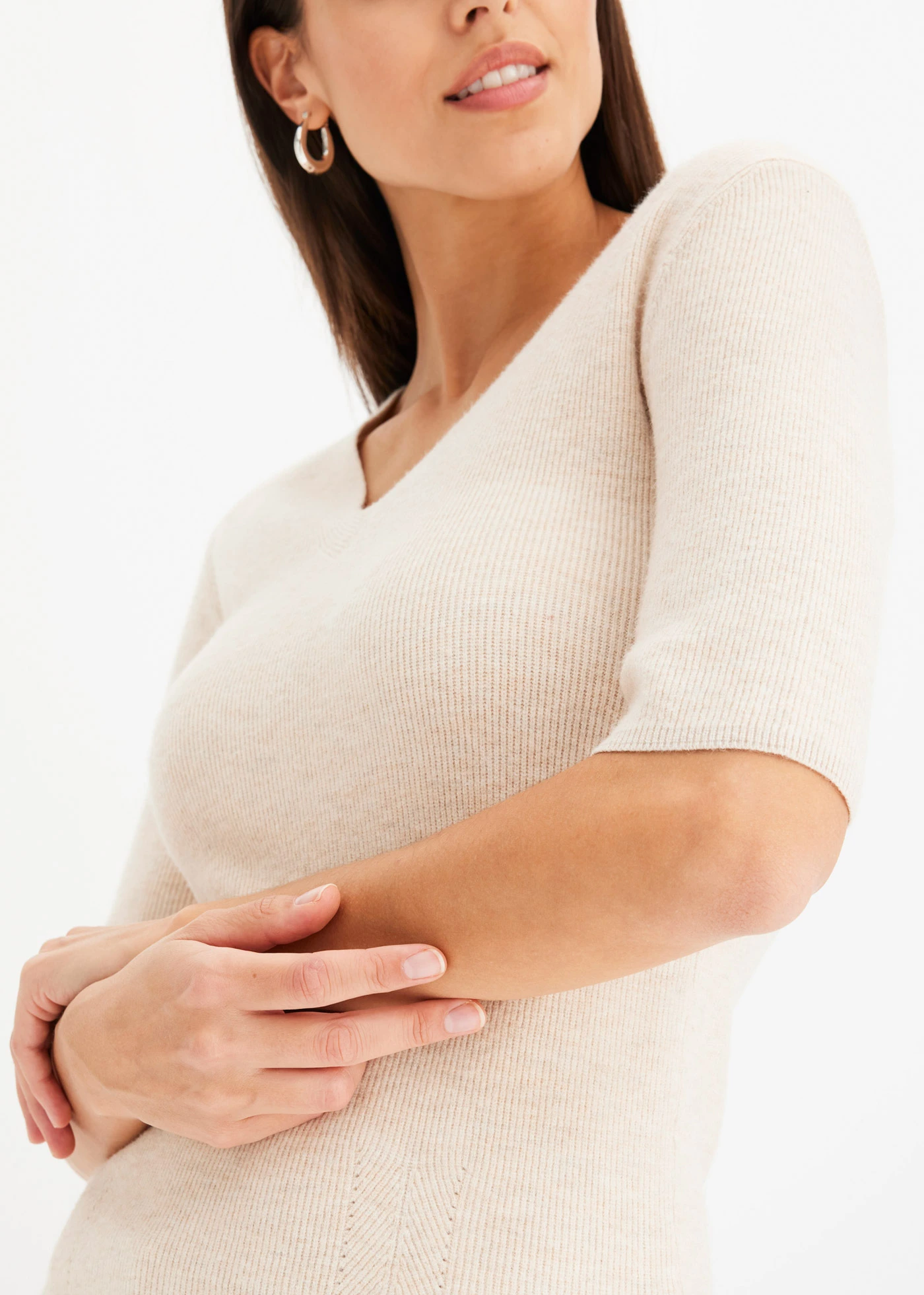 Žebrovaný svetr s viskózou, krátký rukáv • béžová • bonprix obchod