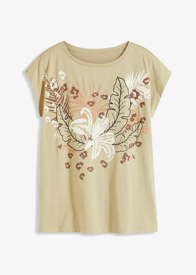 Shirt van biologisch katoen, Kleur: rookkaki/ijskoffie met print