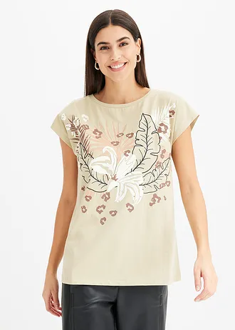 Shirt van biologisch katoen, Kleur: rookkaki/ijskoffie met print