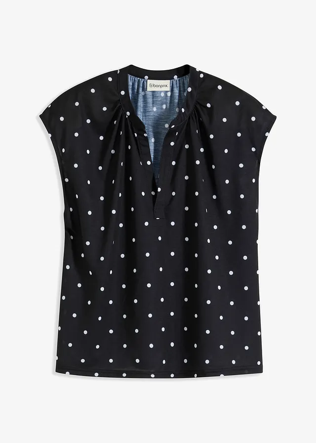 T-shirt à col tunisien en viscose mélangée, Couleur: noir pois blanc