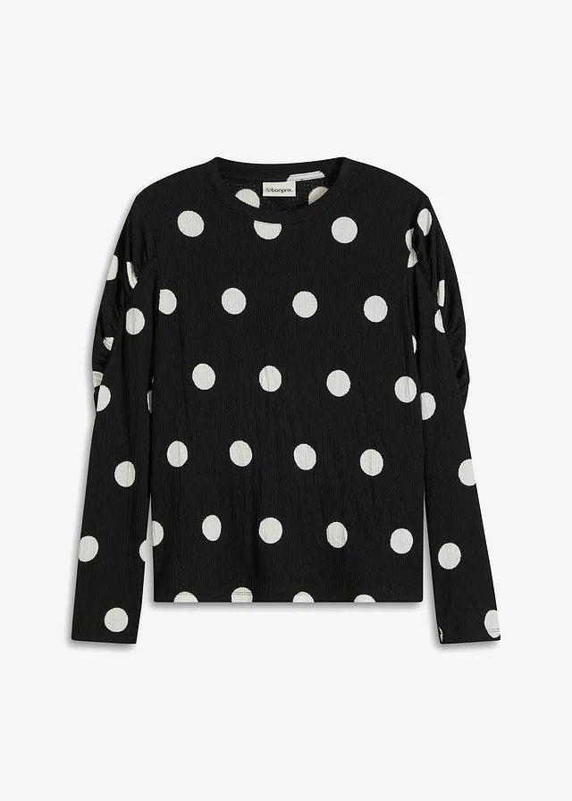 Longsleeve van gestructureerde crêpe • gestipt zwart/wit • bonprix online shop