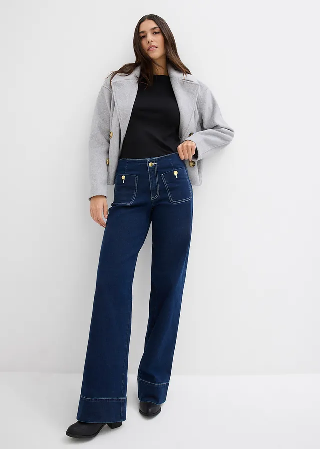 Wide leg stretch jeans mid waist blauw demim
