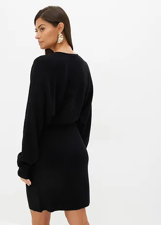 Gebreide jurk met V-hals, Kleur: zwart