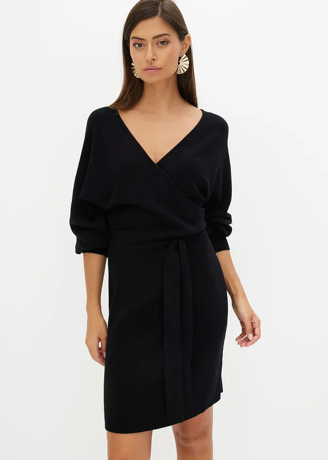 Gebreide jurk met V-hals • zwart • product-page.page-title-suffix