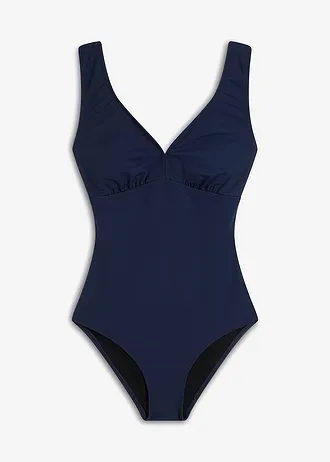 Maillot 1 pièce sculptant à col en V, maintien modéré, Couleur: bleu foncé